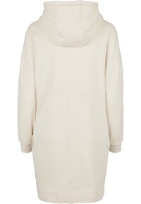 Rochie-hoodie bej deschis, realizată dintr-un material moale. Dispune de glugă, umeri lăsați și o croială dreaptă, cu buzunare laterale și manșete ribbate.