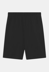 Czarne sportowe szorty wykonane z gładkiego, elastycznego materiału z elastycznym pasem. Posiadają prosty, minimalistyczny design bez widocznych kieszeni.