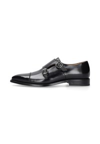 Zwarte leren dubbele monk strap schoen met een puntige neus, gladde textuur, zilveren gespen en een lage hak. Bevat dubbele stiksels.