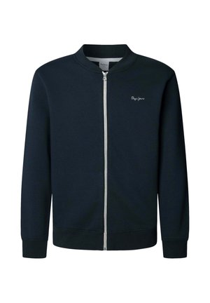 Marineblaue Zip-Hoodie mit Stehkragen, gerippten Bündchen und elastischem Saum. Mit einem kleinen gestickten Logo auf der linken Brust.