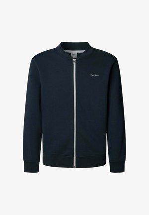 Marineblå zip-up sweatshirt med ståkrave, ribbede manchetter og båndet bund. Har et lille broderet logo på venstre bryst.