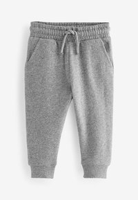 Graue Jogginghose mit elastischem Bund, verstellbarem Kordelzug, Seitentaschen und gerippten Bündchen. Weiches, strukturiertes Material.
