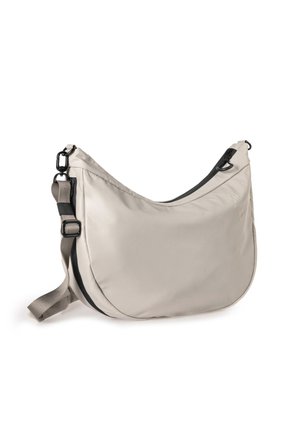 Light gray shoulder bag made from smooth, water-resistant material. Curved design, adjustable strap, and black zipper accents visible.