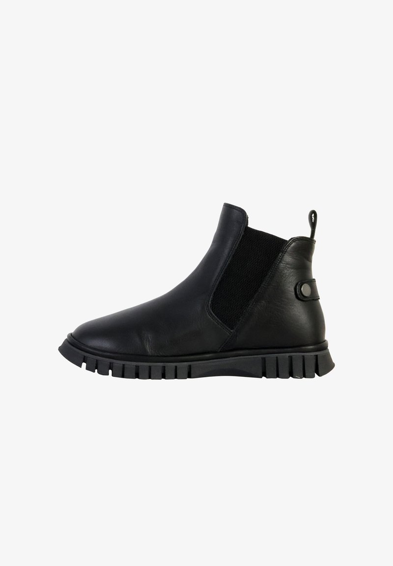 Bottes Chelsea en cuir noir avec des panneaux élastiques sur les côtés, bout arrondi et semelle en caoutchouc texturée. Dotées d'une languette à l'arrière pour un enfilage facile.