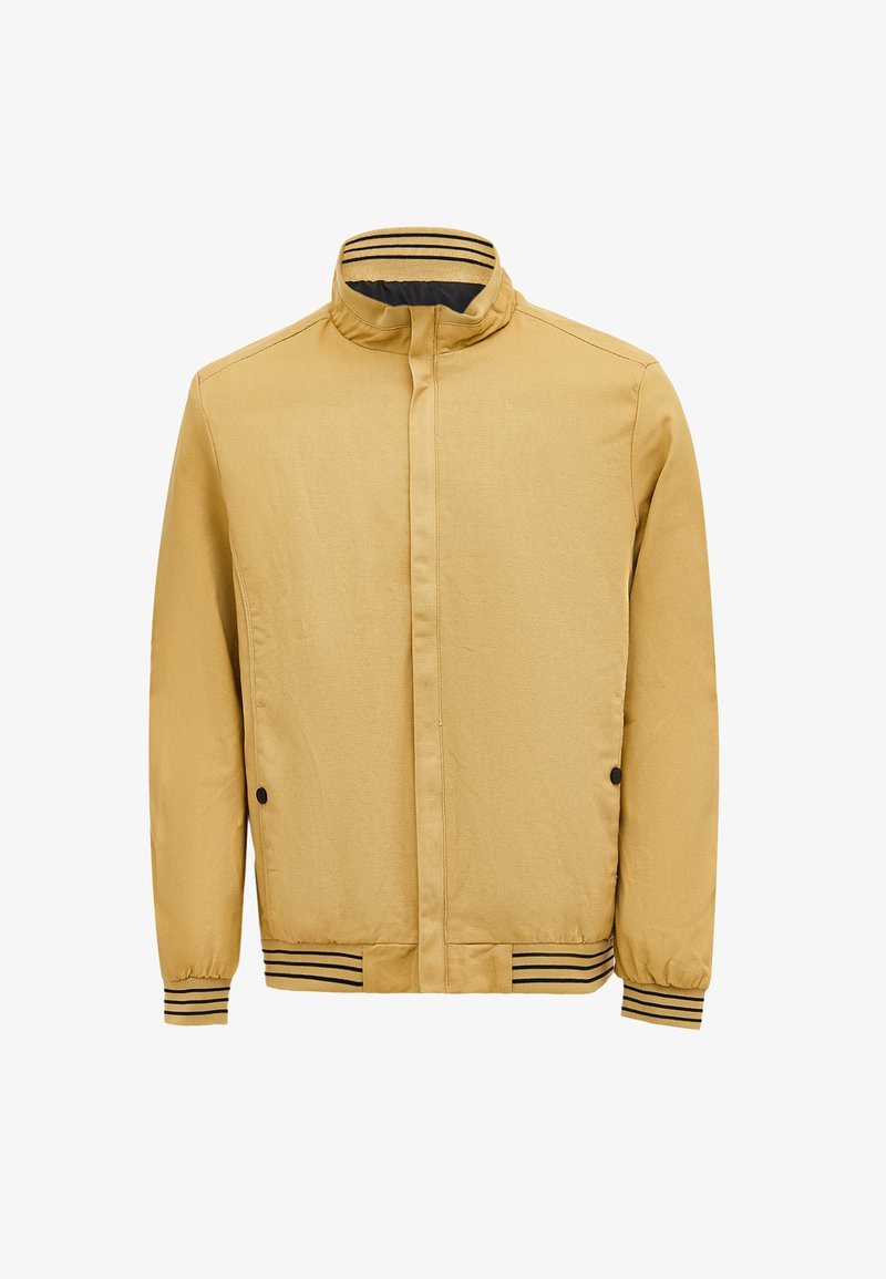 Yellow bomber jacket made of smooth fabric with a high collar, front zipper, and striped black and white accents on the cuffs and hem.