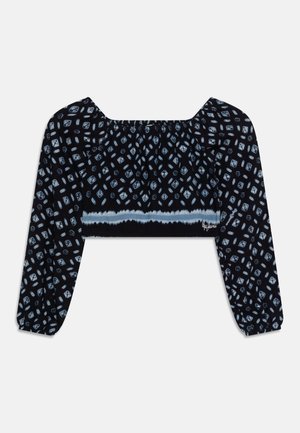 Zwart cropped top met lange pofmouwen, met een lichtblauw geometrisch patroon en een elastische halslijn. Zachte stof met een gestructureerde afwerking.