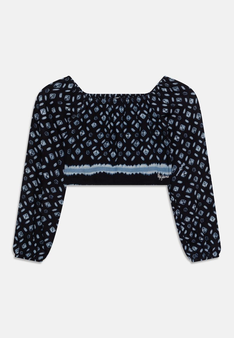 Haut court noir à manches longues ballon, avec un motif géométrique bleu clair et un col élastiqué. Tissu doux avec une finition texturée.