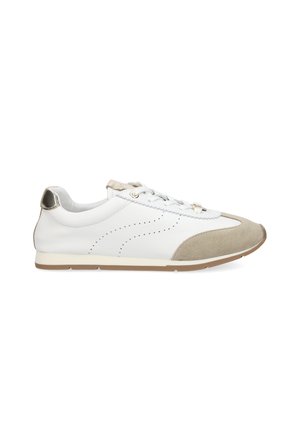 White and beige low-top sneaker with perforated side design, lace-up closure, suede toe cap, and metallic heel detail, shown in right profile.