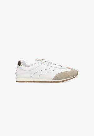 White and beige low-top sneaker with perforated side design, lace-up closure, suede toe cap, and metallic heel detail, shown in right profile.