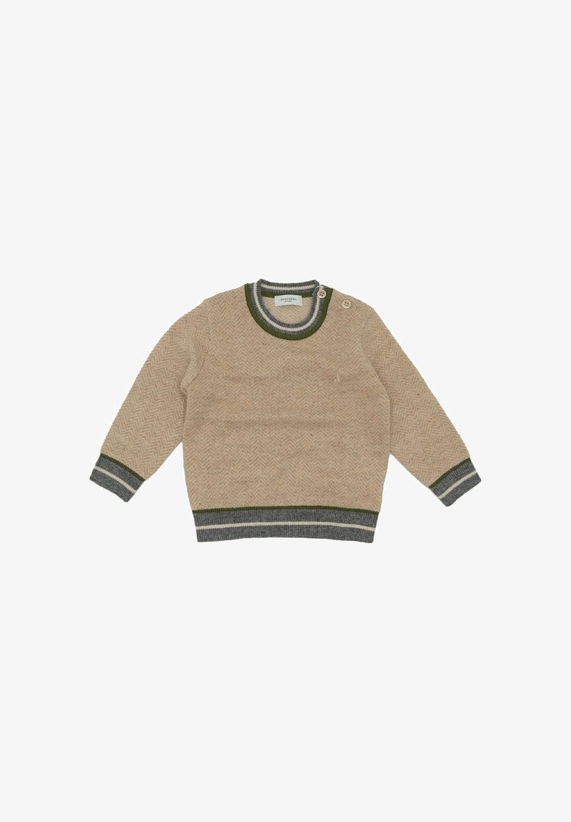 Maglioncino beige a motivo chevron con colletto e polsini a coste in verde, grigio e bianco. Presenta due bottoni sulla spalla.