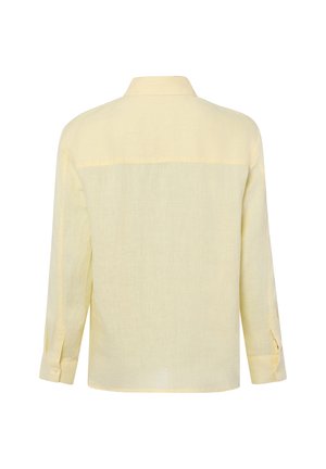 Hellgelbes, langärmeliges Hemd mit geknöpften Manschetten, von hinten gezeigt, mit geradem Saum und klassischem Kragen.