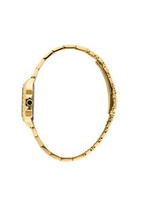 Orologio da polso in metallo dorato con quadrante rettangolare, cinturino a maglia integrata e finitura texturizzata. Presenta una corona laterale e accenti minimi.