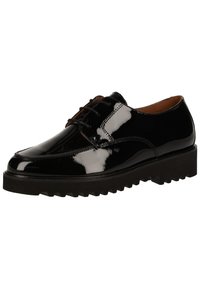 Scarpe in pelle verniciata nera con lacci, punta tonda, dettagli cuciti e suola in gomma nera robusta con un motivo a zigzag.