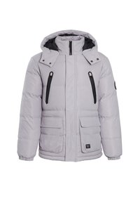 Puffy light gray jacket with a hood, two zippered chest pockets, two front flap pockets, elastic cuffs, and black accents on zippers.