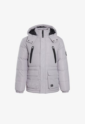 Puffy light gray jacket with a hood, two zippered chest pockets, two front flap pockets, elastic cuffs, and black accents on zippers.