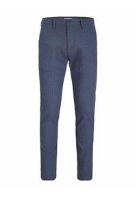 Pantaloni tailored blu navy realizzati in tessuto strutturato, con design a gamba diritta, tasche frontali e chiusura con un solo bottone in vita.