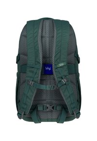 Zelený batoh s polstrovaným zadním dílem, síťovanou texturou, nastavitelnými popruhy a modrou nálepkou. Obsahuje boční přezky pro bezpečné uzavření.