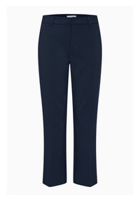 Námořnické modré kalhoty na míru se rovný střih, vyrobené z hladkého, elastického materiálu, s předními kapsami a klasickým designem pasu.