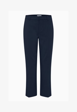Marineblå skræddersyede bukser med lige snit, lavet af et glat, strækbart stof, med forlommer og en klassisk taljedesign.