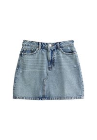 Džínová sukně ve světle modré barvě s přímým střihem, pěti kapsami a viditelným prošitím. Má zapínání vpředu na knoflíky a mírné ošoupání.