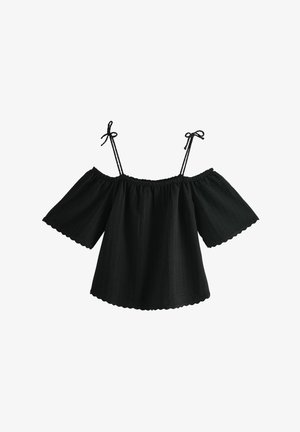 Must mustertop, millevarbset varrukad. Omab reguleeritavaid lipsukotid ja lainelist äärt varrukate ääres, valmistatud tekstuuritud kangast.