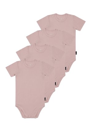 Sæt med fire kortærmede baby bodystockings i blød, lyserød stof. Har trykknaplukninger ved skulderen og bunden for nem påklædning.