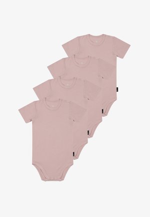 Sæt med fire kortærmede baby bodystockings i blød, lyserød stof. Har trykknaplukninger ved skulderen og bunden for nem påklædning.