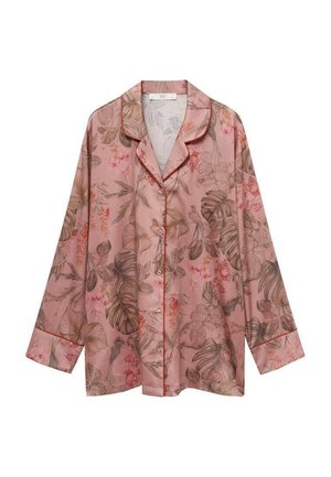 Camicia in satin a maniche lunghe di colore rosa pallido con motivi floreali, colletto a bordi e chiusura a bottoni. Dettagliata con piping a contrasto.