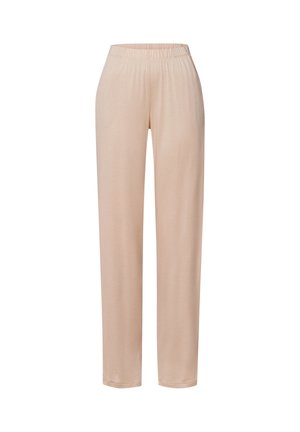 Helle beige, elastische Hosen mit geradem Schnitt, hergestellt aus weichem, glattem Stoff. Verfügt über keine sichtbaren Nähte oder Taschen.
