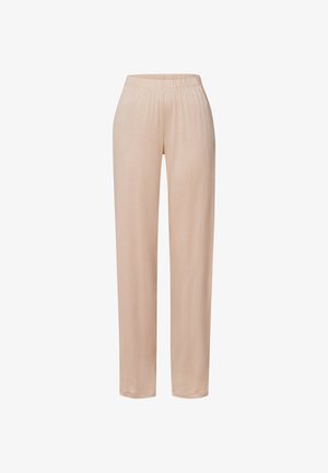Pantalones de un color beige claro, con cintura elástica y corte recto, hechos de una tela suave y lisa. No presenta costuras ni bolsillos visibles.
