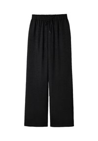 Zwarte wijde broek van textuurstof, voorzien van een elastische tailleband met een trekkoord voor een verstelbare pasvorm.