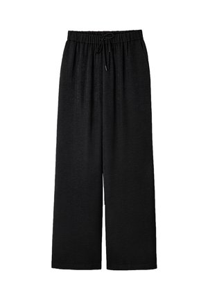 Zwarte wijde broek van textuurstof, voorzien van een elastische tailleband met een trekkoord voor een verstelbare pasvorm.