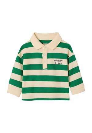 Child's long-sleeve polo shirt with cream and green horizontal stripes, cream collar, three buttons, and "MATIELOT À L'EAU" embroidered on chest.