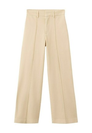Beige broek met wijde pijpen, voornaad, ceintuurlussen en een ritssluiting.