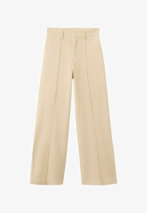 Beige broek met wijde pijpen, voornaad, ceintuurlussen en een ritssluiting.
