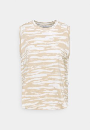 Haut sans manches beige avec un motif texturé de fines rayures blanches. Encolure ronde. Matière en coton, coupe ample. Étiquette visible sur le côté.