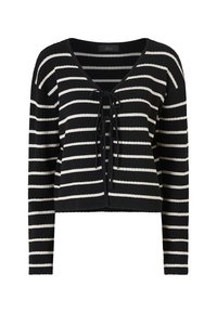Cardigan en maille noire avec des rayures horizontales blanches, manches longues, encolure en V et deux liens à nouer devant pour la fermeture.