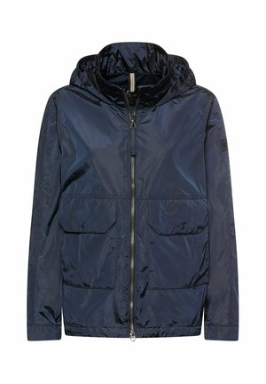 Mørkeblå letvægts jakke med hætte, forreste lynlås og to knapbelagte klaplommer foran, lange ærmer og elastiske manchetter.