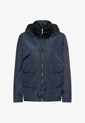 Mørkeblå letvægts jakke med hætte, forreste lynlås og to knapbelagte klaplommer foran, lange ærmer og elastiske manchetter.