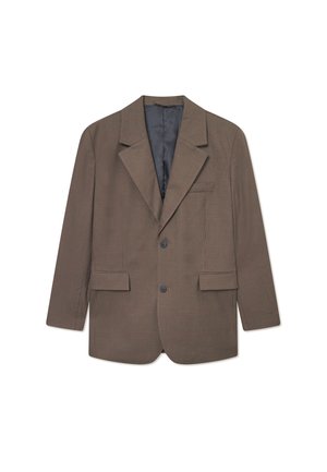 Brown checkered blazer with notched lapels, two front pockets, single button closure, and a gray lining. Textured fabric with a tailored fit.