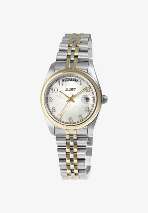 Silver and gold-tone stainless steel watch with a mother-of-pearl dial, Arabic numerals, day display, and a two-tone link bracelet.