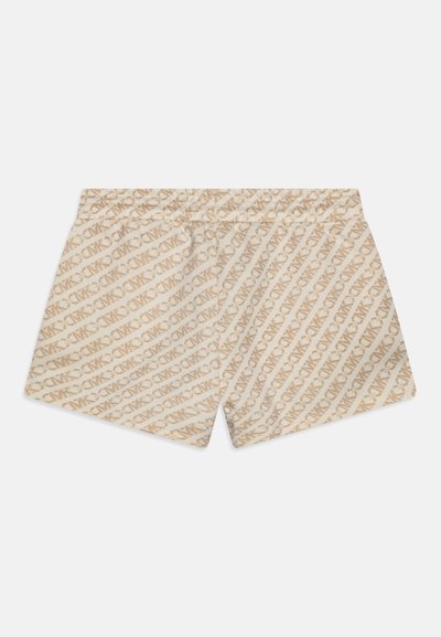 Beige shorts med et mønster som dekker hele plassen, med et gjentatt logo. Mykt stoff med elastisk midjebånd for komfort.