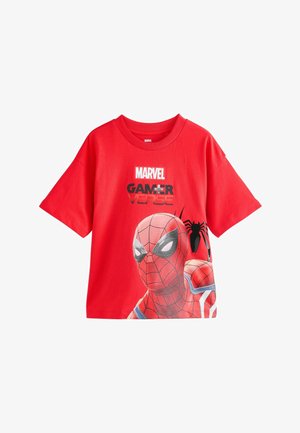 Rotes Baumwoll-T-Shirt mit einem großen Grafikdesign von Spider-Man und dem Text "MARVEL GAMER VERSE" in Schwarz und Weiß. Kurzärmig und mit rundem Halsausschnitt.