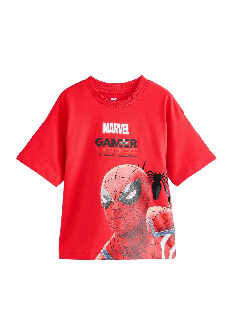 Červené bavlněné tričko s velkým grafickým motivem Spider-Mana a textem "MARVEL GAMER VERSE" v černé a bílé barvě. Krátké rukávy a kulatý výstřih.