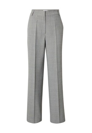Lichtgrijze, op maat gemaakte wollen broek met voorplooien, rechte pijpen en riemlussen, ontworpen voor formeel of zakelijk gebruik.