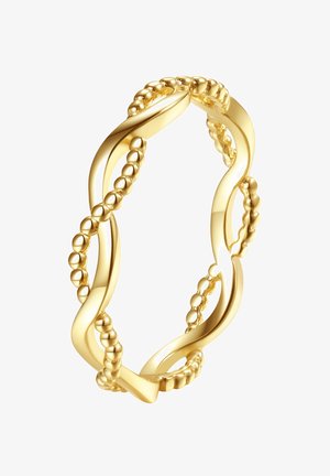 Bracelet doré avec des bandes torsadées et des accents sphériques. Présente une texture lisse et polie. Design élégant et interconnecté.