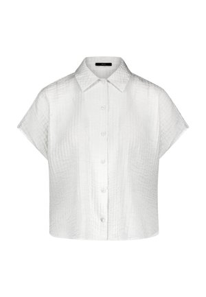 Witte, korte mouw, getextureerd overhemd met knopen, een klassieke kraag en een losse pasvorm, afgebeeld op een witte achtergrond.
