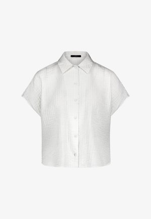 Weißes, kurzärmeliges, strukturiertes Hemd mit Knopfleiste, klassischem Kragen und lockerem Schnitt, dargestellt auf weißem Hintergrund.