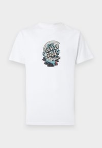 White cotton t-shirt featuring a colorful graphic design with blue and black elements, and the text "Santa Cruz" in bold lettering.