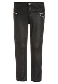 Pantalones de cuero sintético negros con detalles acanalados estilo biker en las rodillas y bolsillos con doble cremallera en las caderas delanteras, cierre de botón en la cintura.